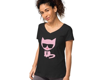Women’s organic cotton T-shirt with deep V-neck and print motif: cat with glasses