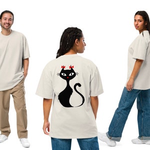 Oversized T-Shirt mit verwaschenem Look in Knochenfarben mit Print: Schwarze Katze Bild 1