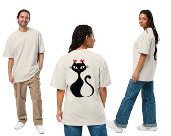 Oversized T-Shirt mit verwaschenem Look in Knochenfarben mit Print: Schwarze Katze