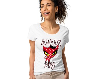 Women organic cotton round neck t-shirt with print motif: BONJOUR PARIS Good morning Paris city of love cat shirt