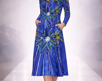 Art Floral Midi Dress Blue Green Painting Style Unisex Fit