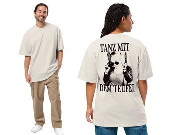 Oversized Knochen Farben T-Shirt mit verwaschenem Look und Print: Tanze mit der Teufel
