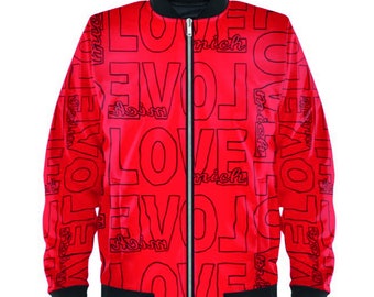 Unisex Red Satin Bomber Jacket LOVE ME Luxury Red Jacket from Apostel13 Handmade Size: XXS-4XL