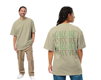 Oversized Unisex T-Shirt mit verwaschenem Look in Eucalyptus Farbe mit Print: CALL ME