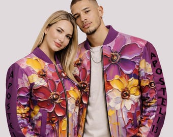 Unisex Floral Bomber Jacket Lila - Violett Retro A13 Print