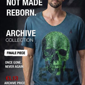 Green Skull T-Shirt, Deep V-Neck, Handmade Statement Tee, Archive Collection, Final Piece