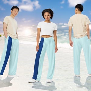 Unisex jogging pants in light blue with blue side stripes - wide leg, side pockets, relaxed fit, pull-on pants, loose fit up to 6XL