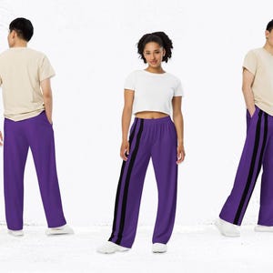 Unisex jogging pants in purple with two black side stripes - wide leg, side pockets, relaxed fit, pull-on pants, loose fit up to 6XL