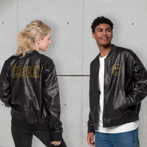 Unisex Black Bomber Jacket Winking Smiley made of faux leather college jacket with zipper and embroidery, transitional jacket Street Look
