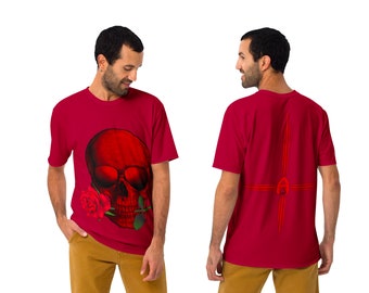 Herren T-Shirt in Rot mit Aufdruck: Totenkopf mit Brille rotem Rosen und Kreuz auf der Rückseite super bequem Shirt