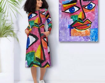 Trendy Designer Long-Sleeve Midi Dress with Side Pockets – Art Painting Style – Cheerful Summer Dress, Beach Dress