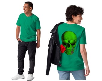 Klassisches Grüne T-Shirt mit Print: Skull Rote Rose