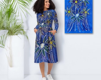 Trendsetter designer long-sleeved midi dress with side pockets – blue floral dress in art painting look, cool summer floral dress
