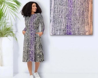 Trendsetter designer long-sleeved midi dress with side pockets - summer dress with white-purple abstract pattern in art painting look
