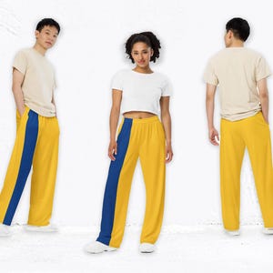 Unisex joggingbroek in geel met blauwe zijstrepen – wijde pijpen, steekzakken, relaxte pasvorm, aantrekbroek, losse pasvorm tot 6XL