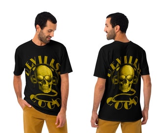 Herren Schwarz T-Shirt mit Gelb-Gold Print: Devilish Good Schädel mit Kopfhörer super bequem