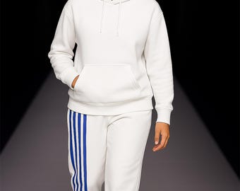 Designer Unisex Joggers in White with Blue 4 Side Stripes – Wide Leg Relaxed Fit Streetwear Pants with Pockets up to 6XL