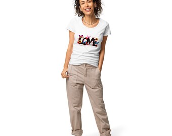 Basic organic cotton round neck t-shirt with print motif: LOVE butterflies flowers heart