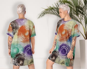 Frauen Oversize Langhemd T-Shirt Kleid – Bunte Kreise, Lockeres Sommerkleid in Kunstgemälde-Optik Lockeres Sommer Kreisenkleid