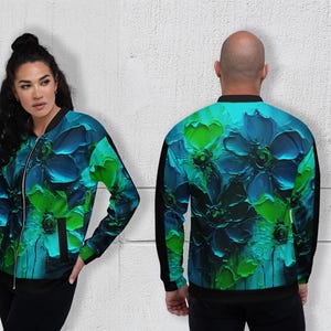 Unisex Blumen Bomberjacke – Blau Grün mit schwarzen Streifen auf den Ärmeln, Vintage-Retro Jacke mit Reißverschluss