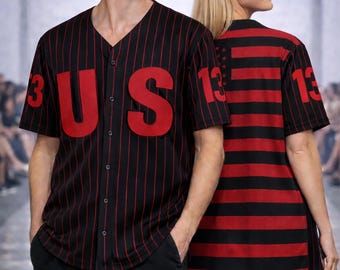 USA America Flag A13 - Retro Baseball Jersey, Unisex Pinstripe Black - Red Button Down Shirt, Short Sleeve Shirt with Loose Fit