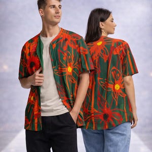 Unisex Retro Baseball Jersey - Green Orange Red Floral Button-Down Shirt, Short Sleeve Shirt with a Loose Fit