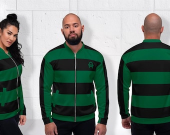 May include: A black and green striped bomber jacket with a zipper closure. The jacket has a small logo on the left chest.