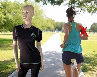 Women&#39;s Black Bamboo Jogging Sport Stretch Slim Fit T-Shirt - The perfect breathable fitness shirt with cell phone pocket on the market