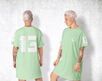 Women's A13 Retro T-Shirt Dress - Pinstripe Short Sleeve Shirt in Green - White, Loose Shirt with Oversized Fit