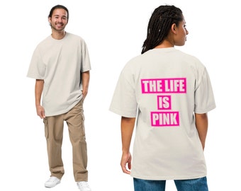 Oversized Knochenfarben Bone T-Shirt mit verwaschenem Look und Print: The LIFE is PINK