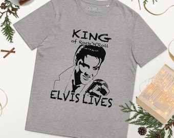 Unisex organic cotton round neck t-shirt with print: King Elvis Lives