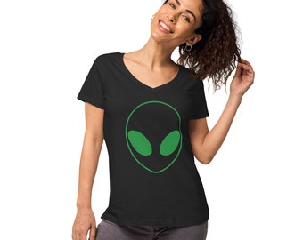 Women Organic Cotton Deep V Neck T-Shirt With Print Design: Green Alien Funny UFO Shirt