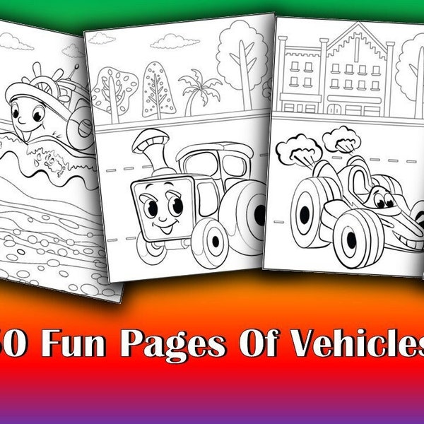 Vehicle coloring prints | Children Car lover enthusiast | Cute coloring pages | Truck |Tractor | Boat | Bus | Spaceship | Rocket | Crayon