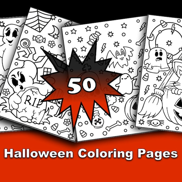 Halloween Coloring Pages | Classroom Fun | Spooky Cute Book of 50 | High Detail | Digital Download PDF Printable | Children Crayon Project