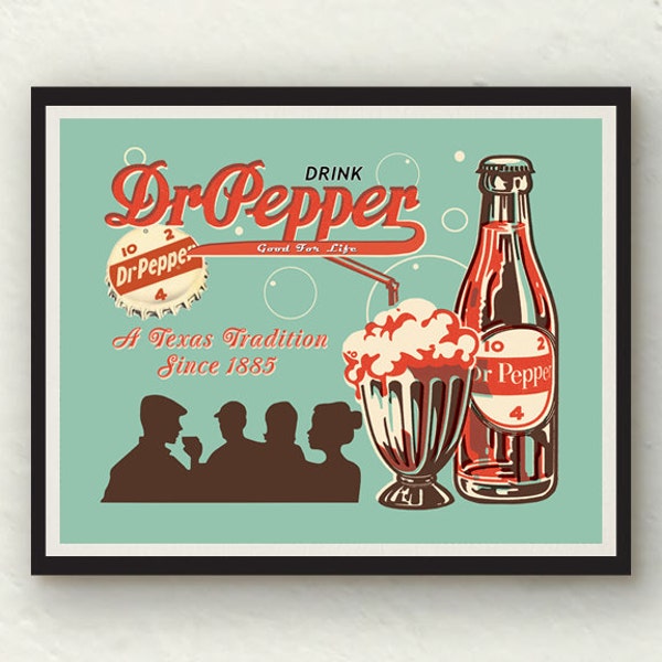 Vintage Dr. Pepper red white turquoise wall art decor photo print