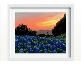 Texas Bluebonnets and Hill Country Sunset Wall Art Home Decor Photo Print