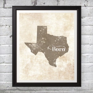 Texas Born Map Brown Grunge Paint Splatter Wall Art Home Decor Print