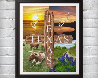 God Blessed Texas Bluebonnet Longhorns Sunrise Christian Print Wall Art Decor Photo Print