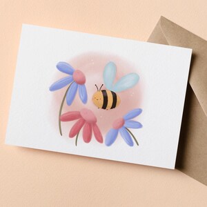 fleurs et abeilles | printemps, carte postale de remerciement, joyeux anniversaire a6 | fleurs heureuses d'abeille | illustration dessinée à la main
