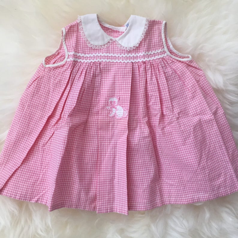 Vintage 60s 1960s swing dress baby toddler girl kitten cat pink gingham