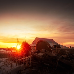 Teeth of the Sun, Fine Art Print, Circular Saw Blade Sunset Landscape, Rustic Montana Saw Mill Photography, Industrial Winter Horizon Art