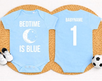 Bedtime Is Blue Baby Grow – Personalised Football Baby Bodysuit - personalise with babies name and number on the back