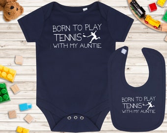 Baby Vest and Baby Bib Gift Set - Born to play Tennis With Auntie