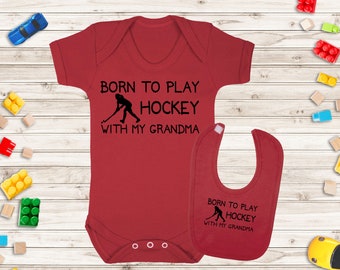 Baby Vest and Baby Bib Gift Set - Born to play Hockey With My Grandma