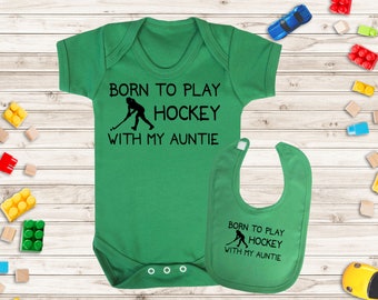 Baby Vest and Baby Bib Gift Set - Born to play Hockey With My Auntie