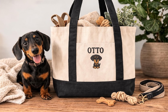 Personalised Embroidered Dog Tote Bag | Custom Name & Breed Canvas Shopper