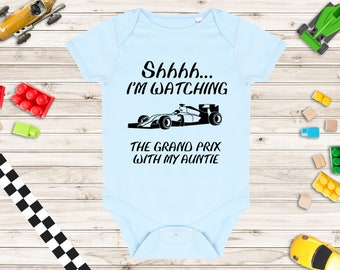 Shhh... I'm Watching the Grand Prix with my Auntie Baby Grow -  Grand Prix Racing Baby Vest - Motor Sport Baby