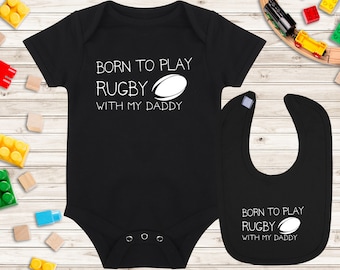 Baby Vest and Baby Bib Gift Set - Born to play rugby with my daddy