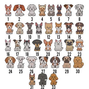 May include: A collection of 33 cartoon dog illustrations, each with a unique breed and number. The dogs are depicted in various poses and colors, set against a white background. Numbers 1-33 are displayed below each dog.