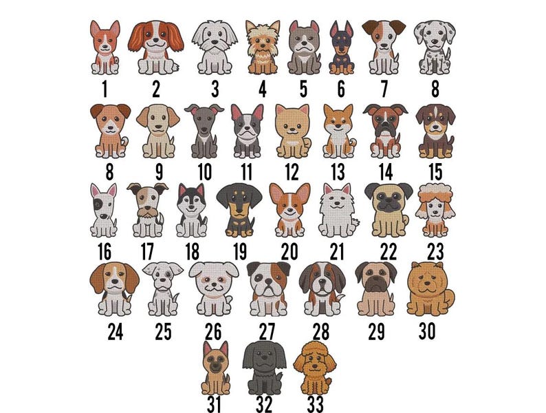 May include: A collection of 33 cartoon dog illustrations, each with a unique breed and number. The dogs are depicted in various poses and colors, set against a white background. Numbers 1-33 are displayed below each dog.